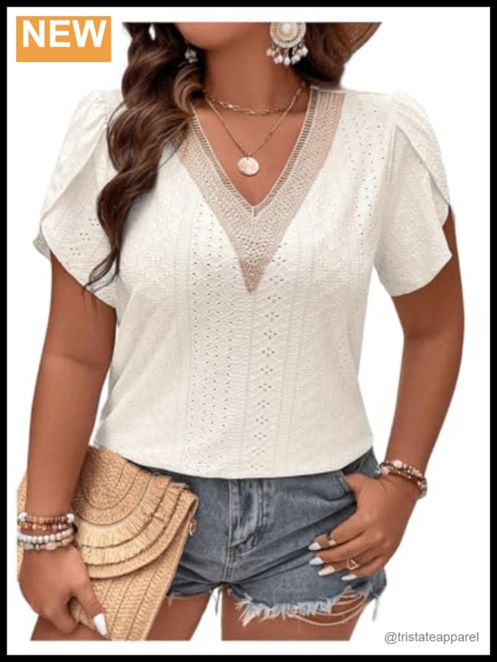 Plus Size Eyelet Blouse Short Petal Sleeve Lace V Neck Dressy Casual Top